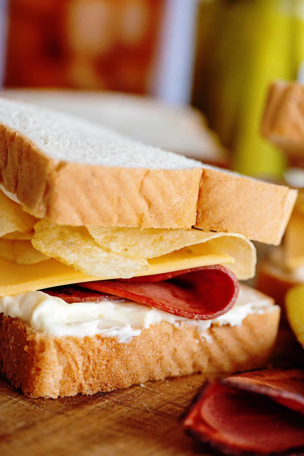 Close up of a fried bologna sandwich