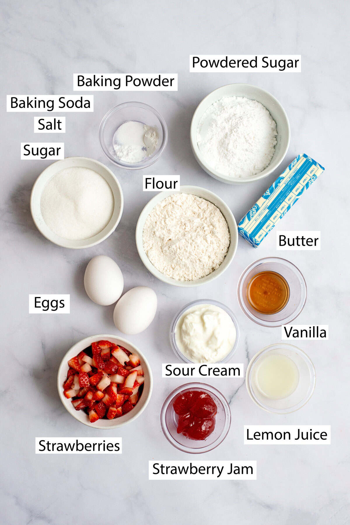 Ingredients for strawberry bread with glaze