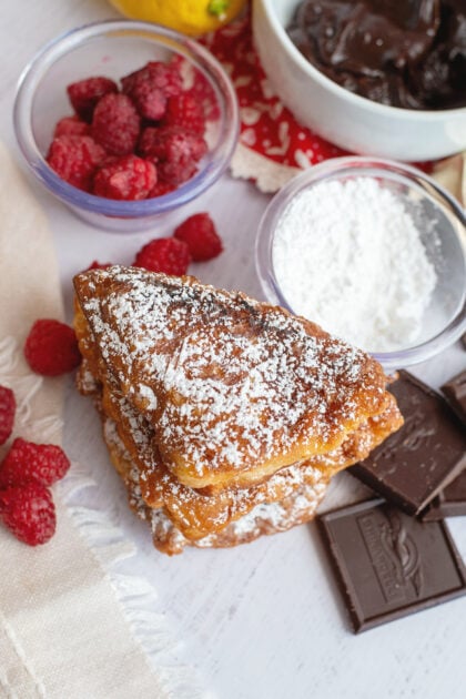 Raspberry & Chocolate Beignets next to ingredients