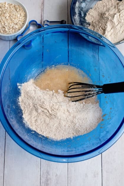 Whisking the peanut butter, flour, and vegetable oil