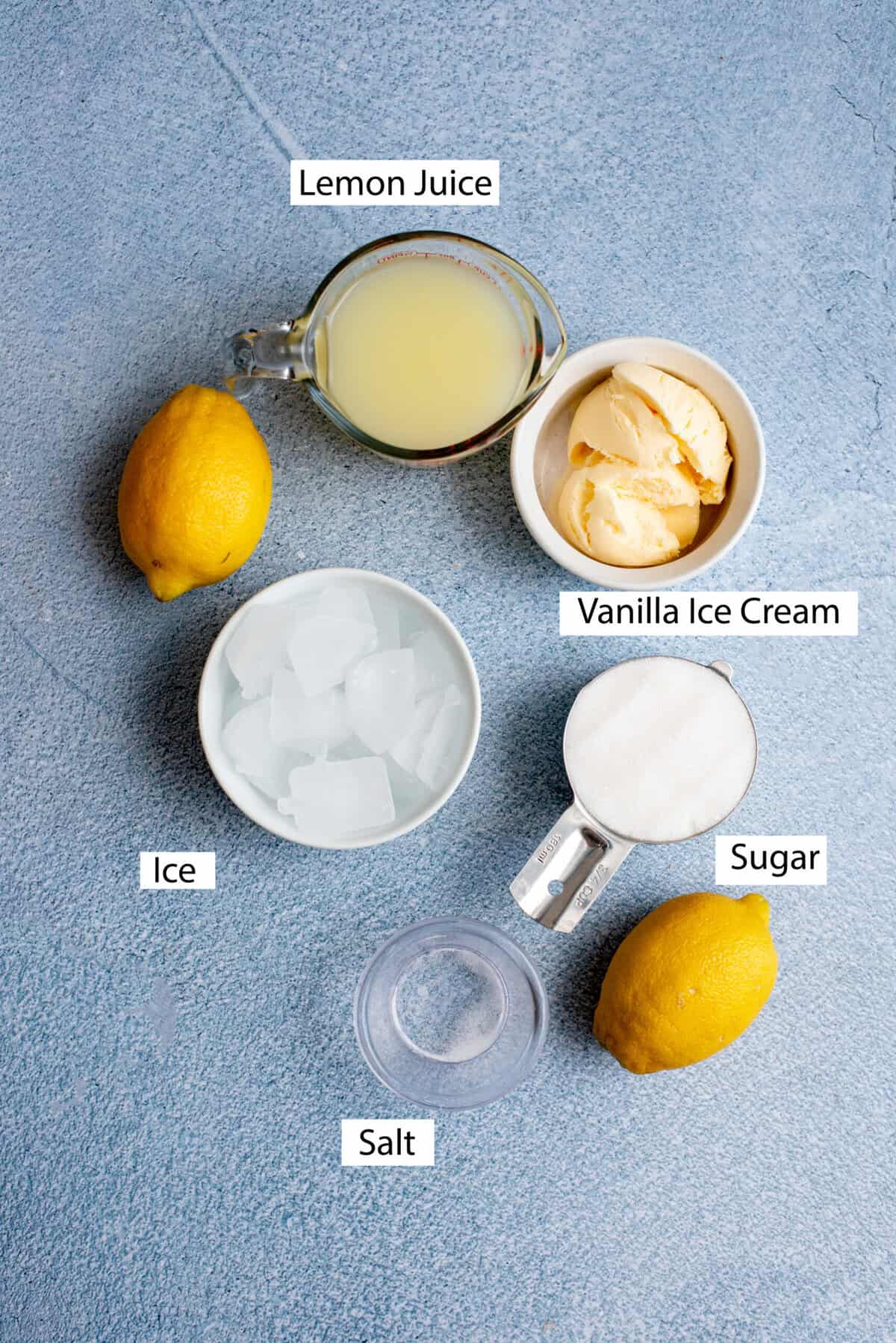 DSC_0872 the ingredients you need to make frozen lemonade: lemon juice, vanilla ice cream, sugar, ice, and salt.