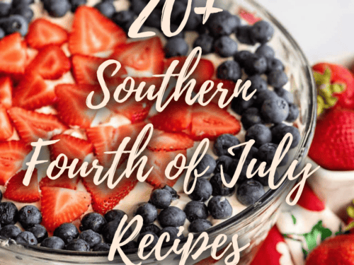 A patriotic fruit bowl with text overlay.