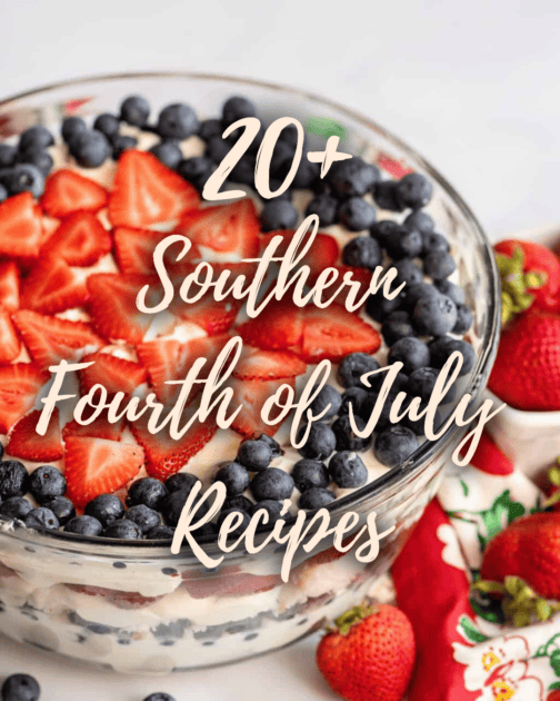 A patriotic fruit bowl with text overlay.