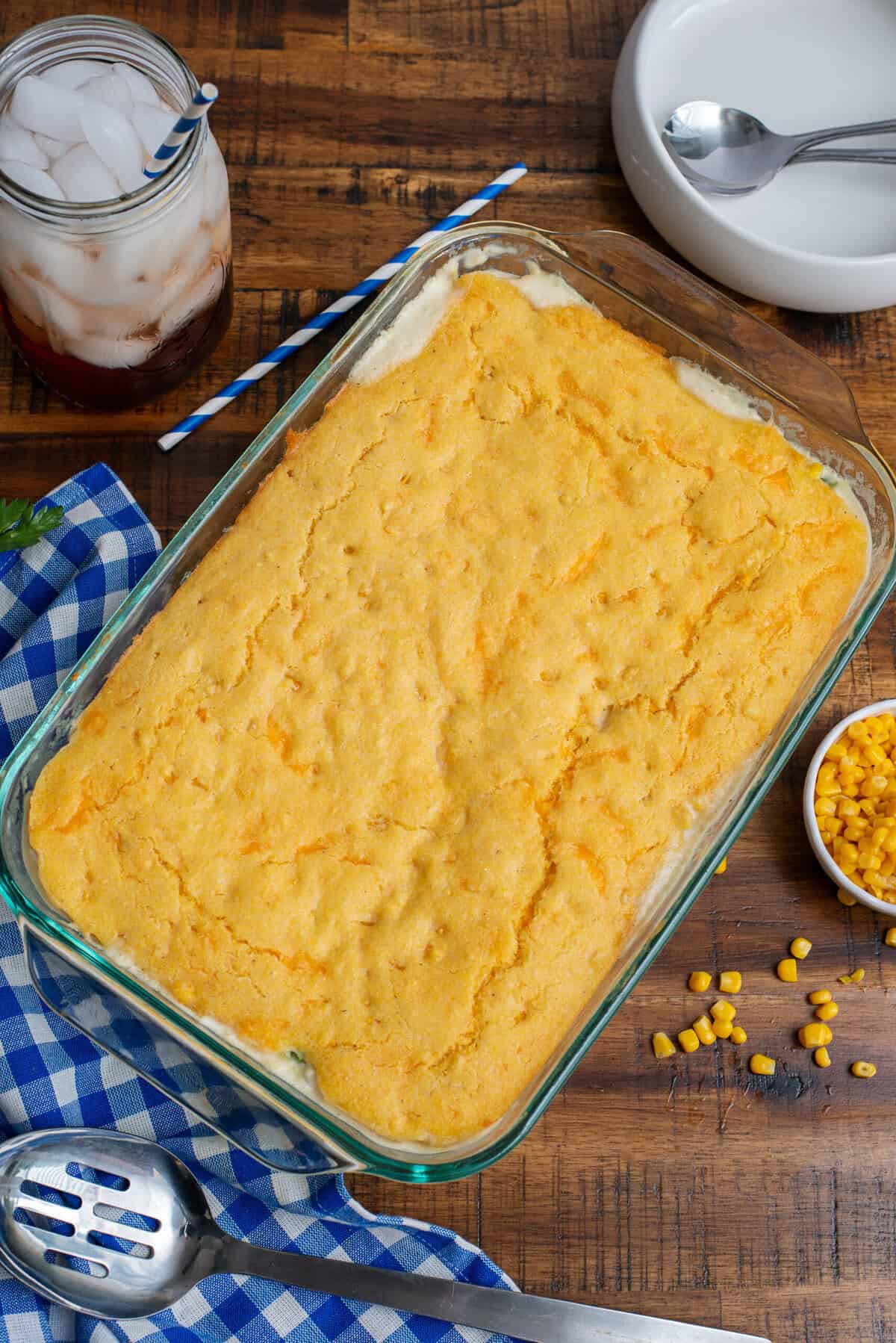 Cornbread chicken pot pie fresh out of the oven.