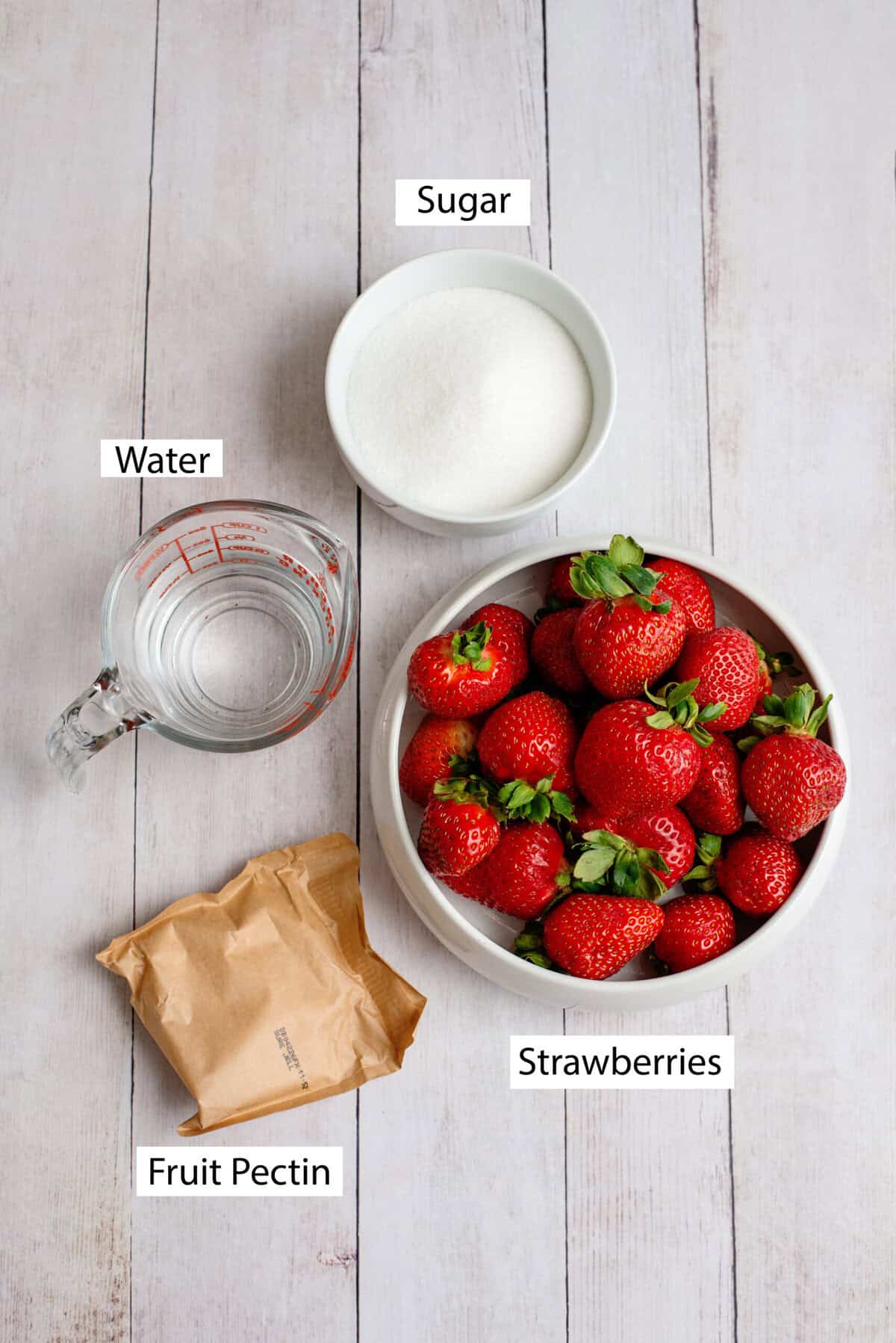 ingredients for easy strawberry freezer jam