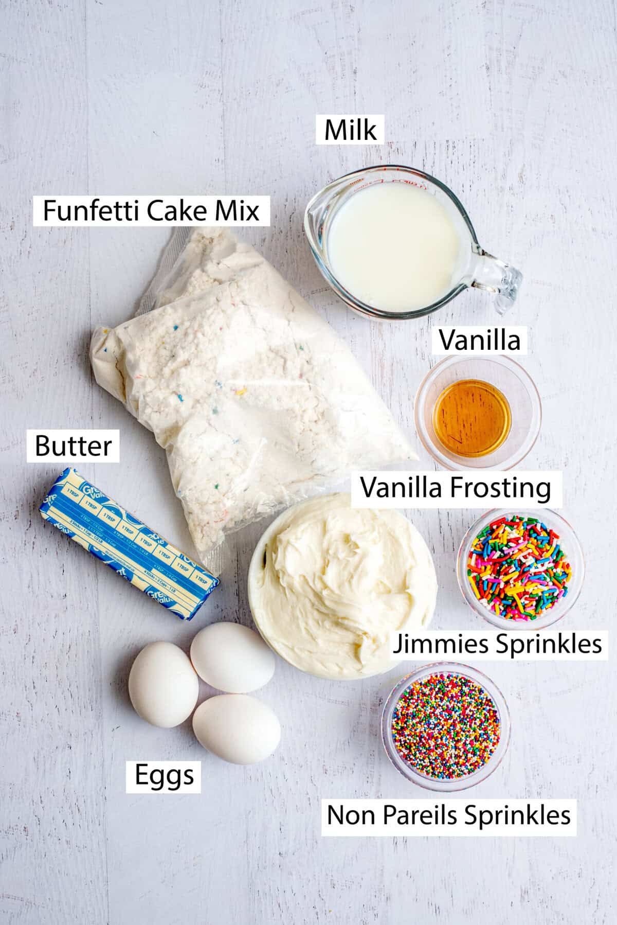 Ingredients for Funfetti dot cake jars