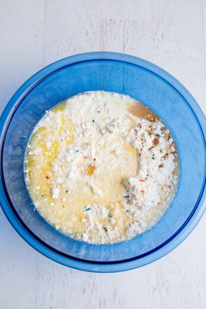 Ingredients for Funfetti dot cake jars in a mixing bowl
