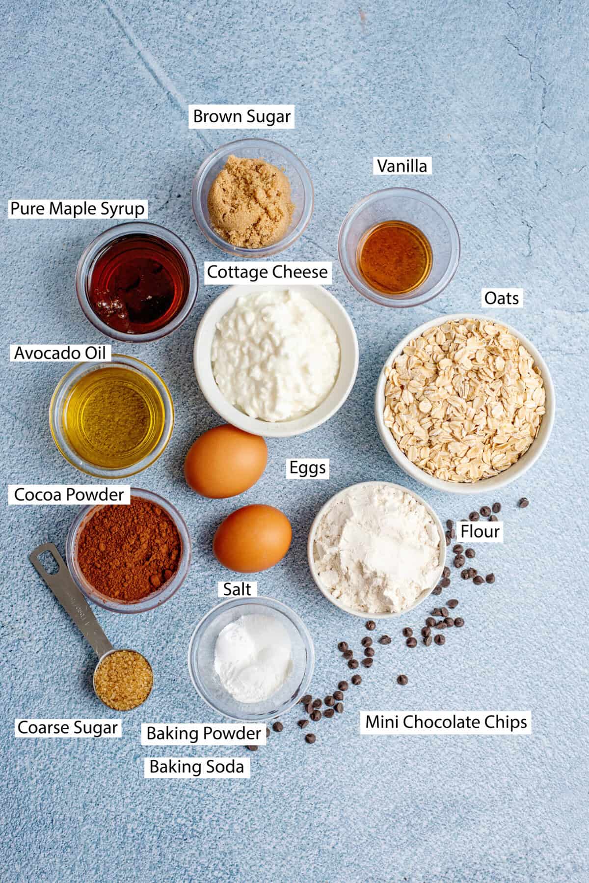 Ingredients for chocolate cottage cheese muffins
