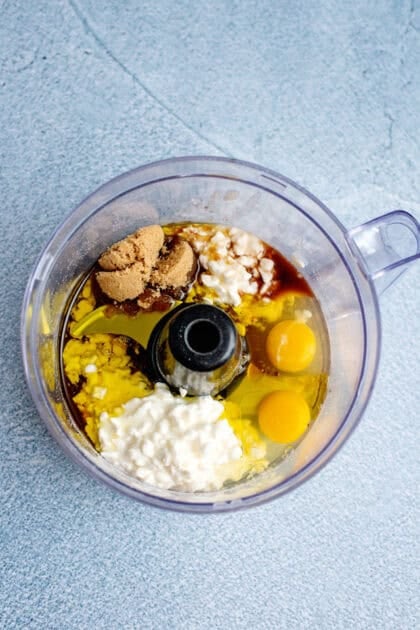 cottage cheese, eggs, avocado oil, maple syrup, brown sugar, and vanilla in a food processor