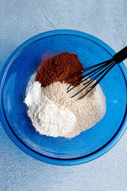 all-purpose flour, Dutch-process cocoa powder, baking powder, baking soda, and salt in a mixing bowl