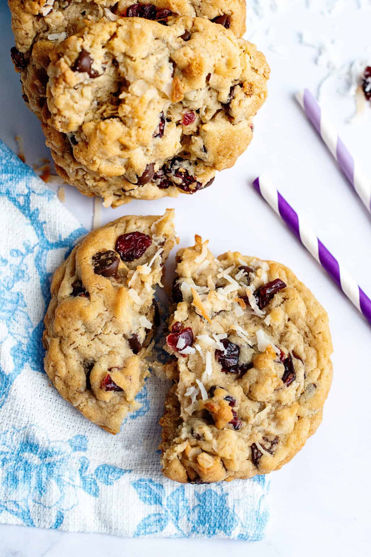Top view of loaded chocolate chip oatmeal cookies