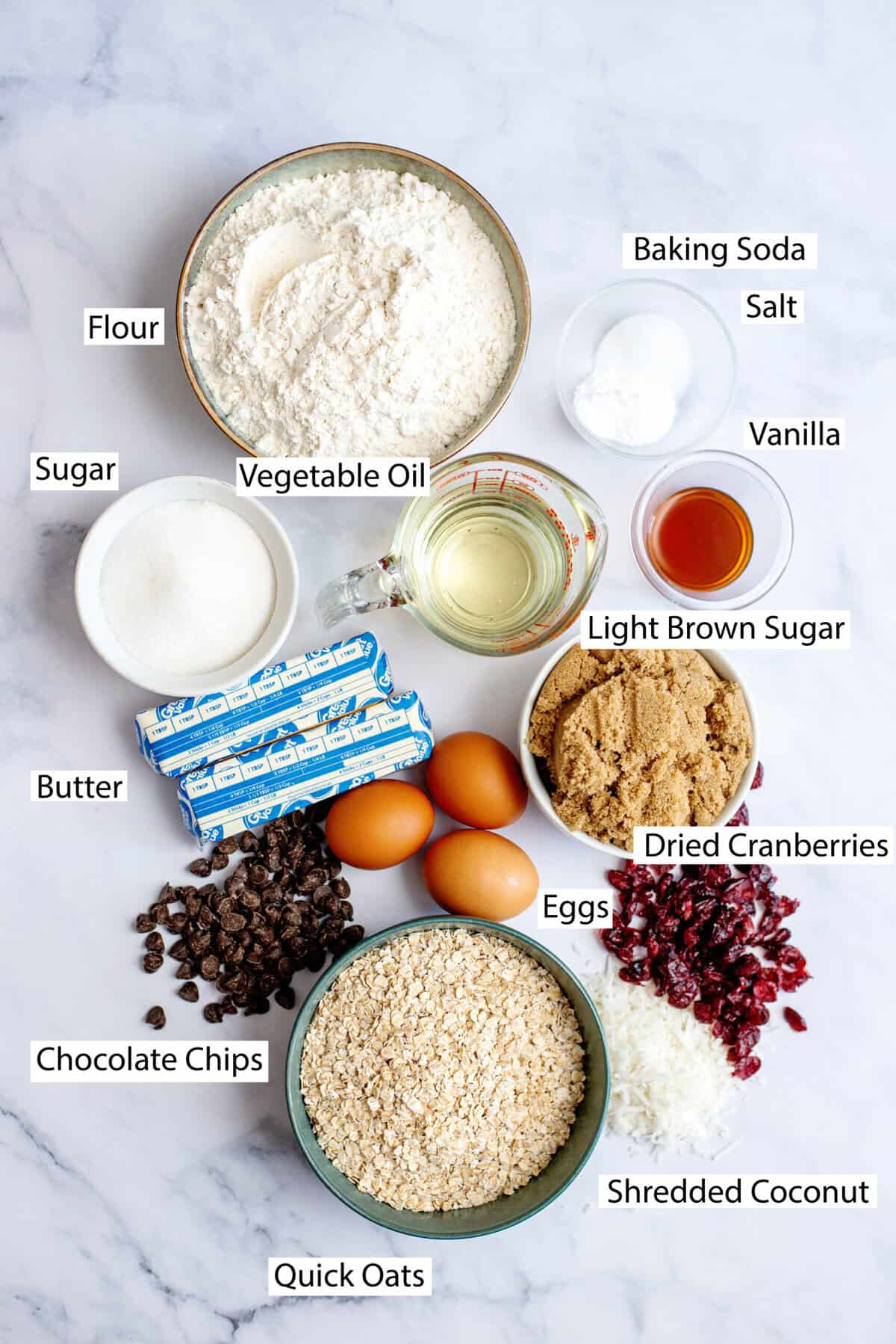 Ingredients for loaded chocolate chip oatmeal cookies