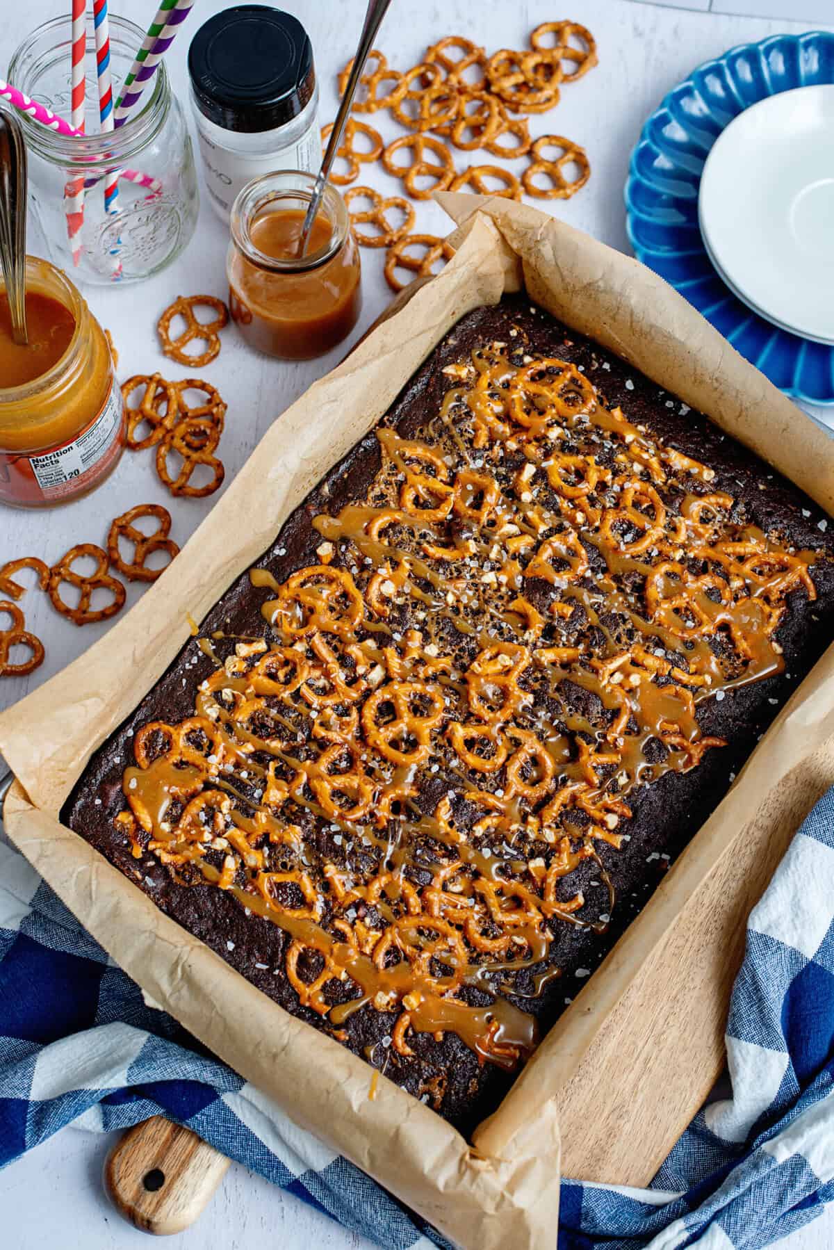 Baked salted caramel pretzel brownies