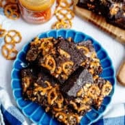 A plate of salted caramel pretzel brownies