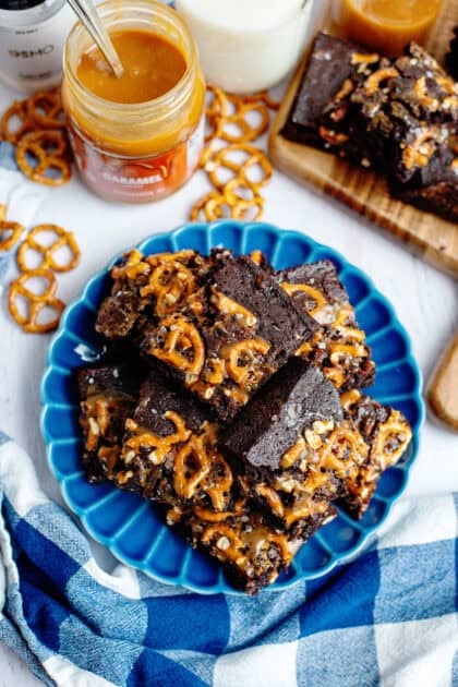 A plate of salted caramel pretzel brownies