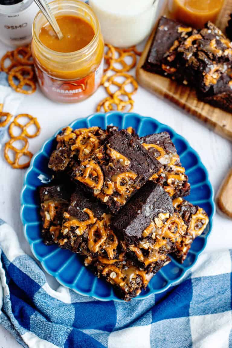 A plate of salted caramel pretzel brownies