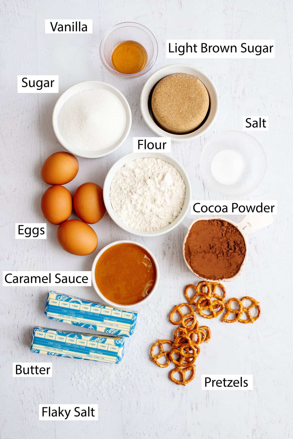 Ingredients for salted caramel pretzel brownies