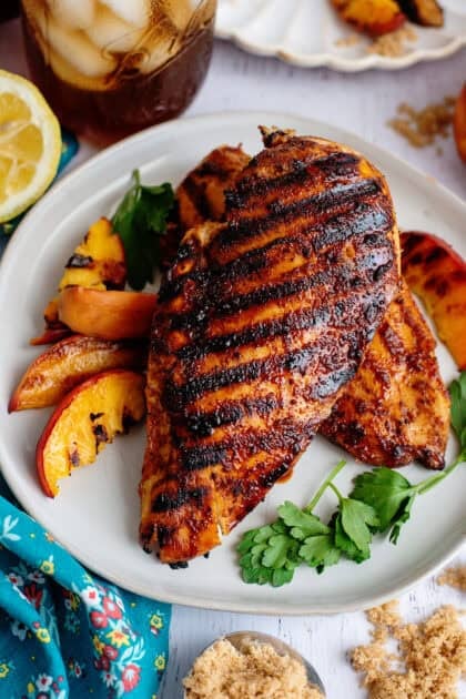 A plate of sweet tea brined chicken with garnish