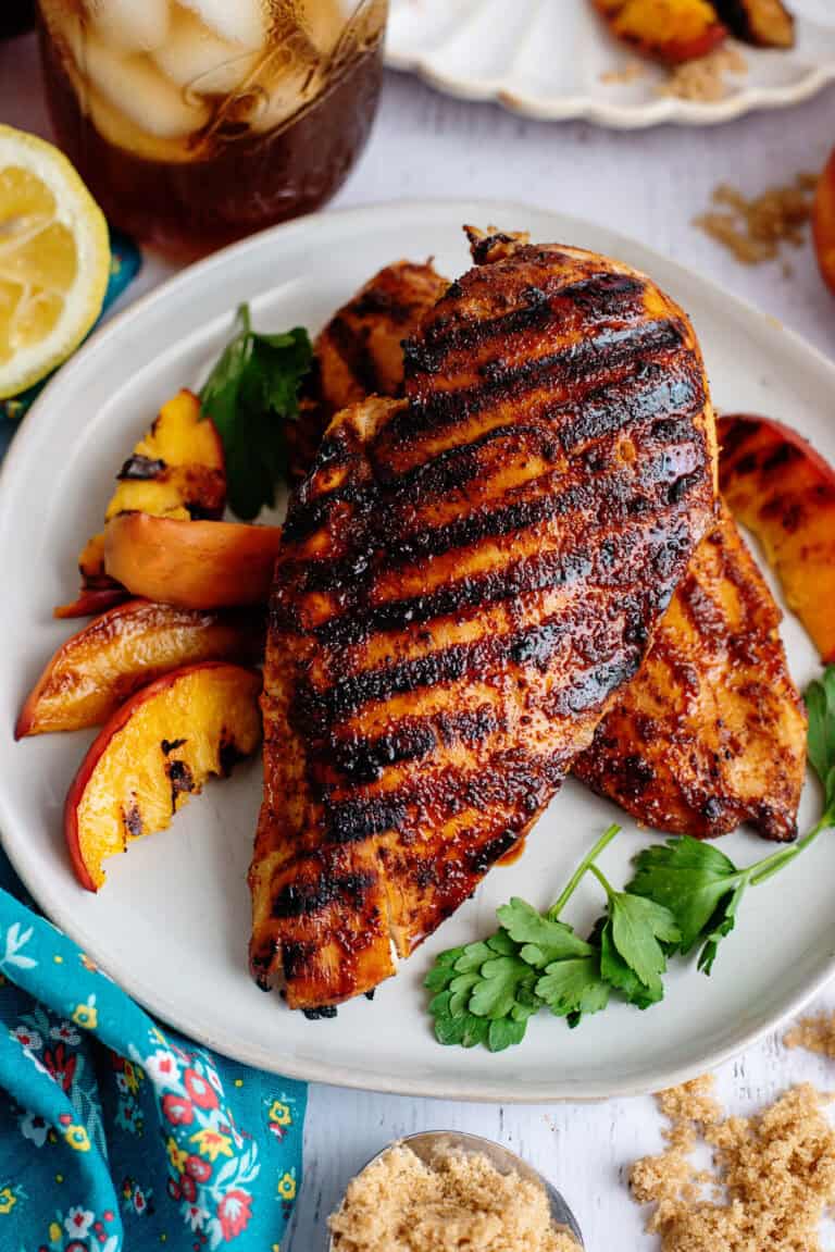 A plate of sweet tea brined chicken with garnish