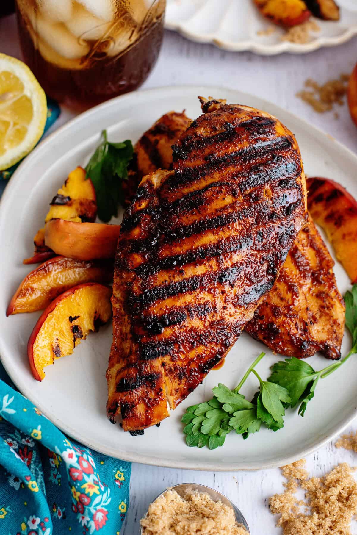 A plate of sweet tea brined chicken with garnish