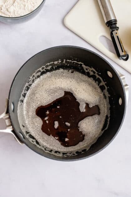 Browned butter in a pan.
