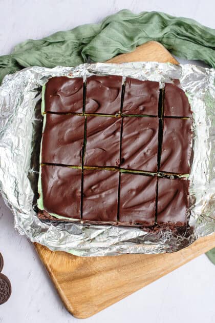 Sliced grasshopper brownies.