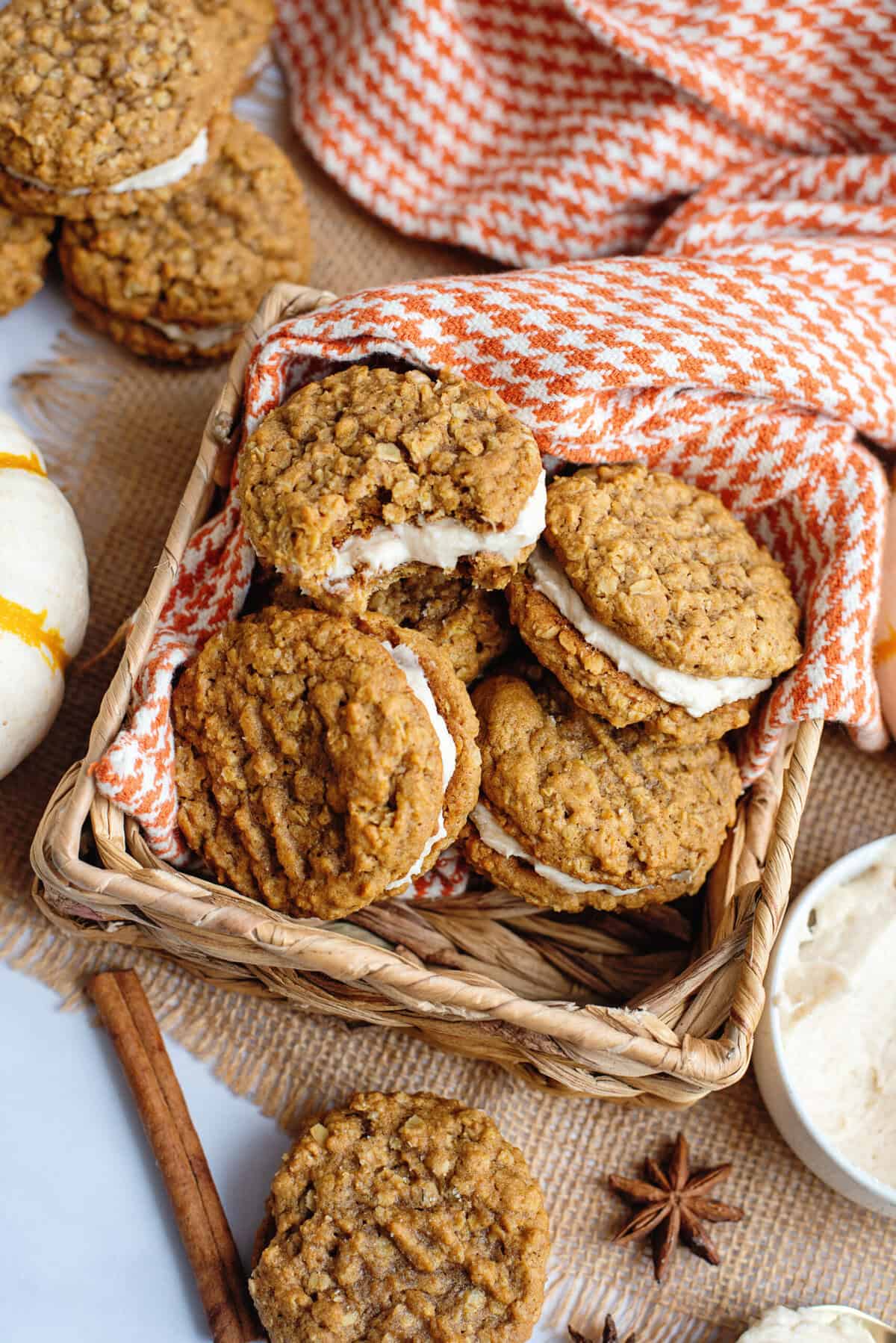 Pumpkin oatmeal cream pies in a basket.