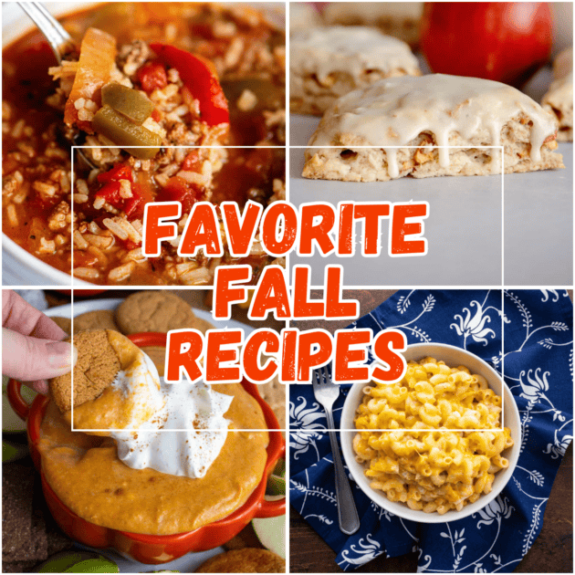 Favorite fall recipes collage with text overlay.