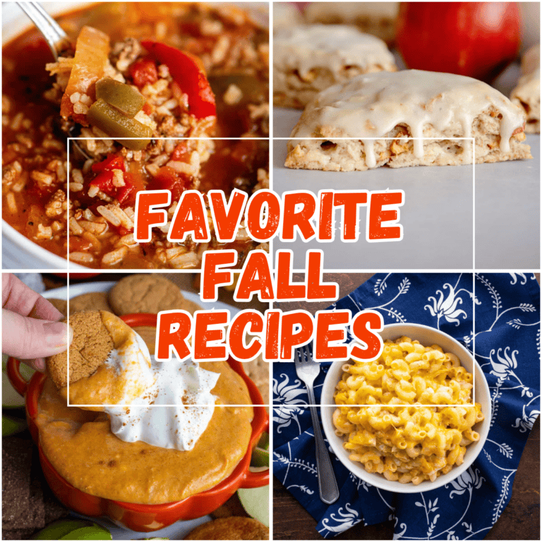 Favorite fall recipes collage with text overlay.