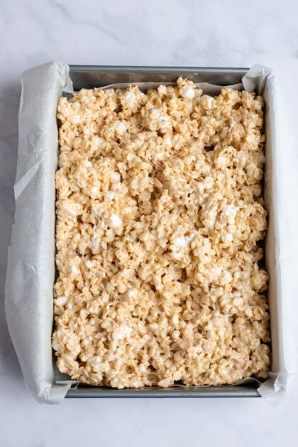Baking pan with Rice Krispies.