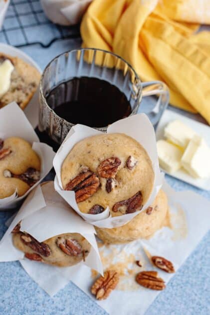 Butter pecan muffins with coffee and butter