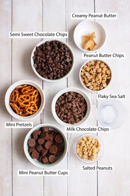 Labeled ingredients for chocolate pretzel bark: chocolate chips, peanut butter chips, pretzels, peanut butter cups, peanuts, and sea salt