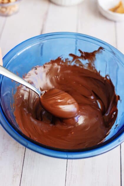 Melted semi-sweet chocolate in a glass bowl