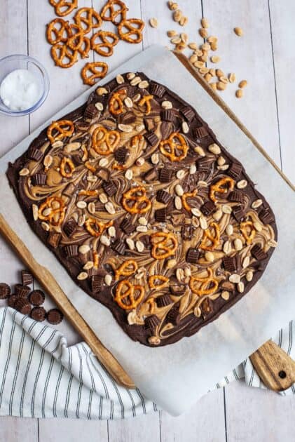 Chocolate pretzel bark sprinkled with flaky sea salt