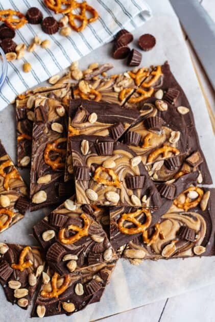 Pieces of peanut butter chocolate pretzel bark