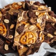 Salted peanut butter chocolate pretzel bark in a serving bowl