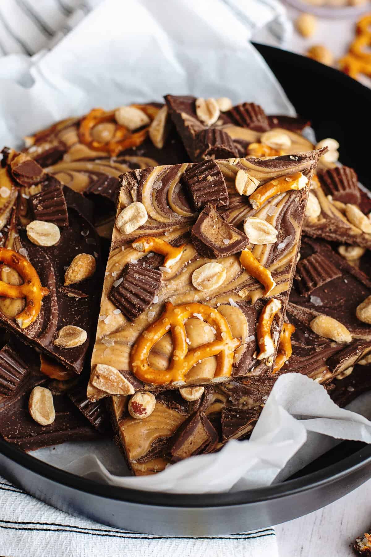 Salted peanut butter chocolate pretzel bark in a serving bowl