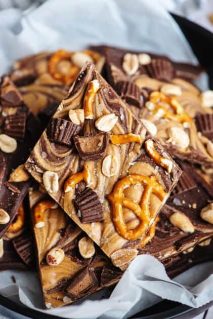 Close-up of peanut butter swirled chocolate bark with pretzels