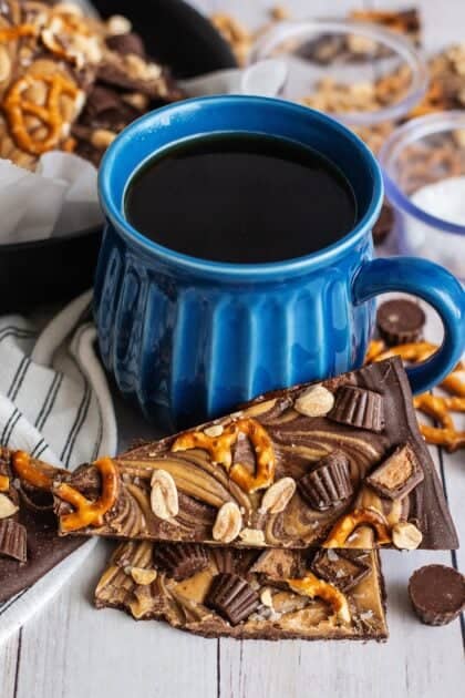 Chocolate peanut butter bark with a cup of coffee