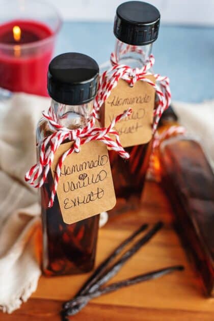 Homemade vanilla extract bottles with handwritten gift tags